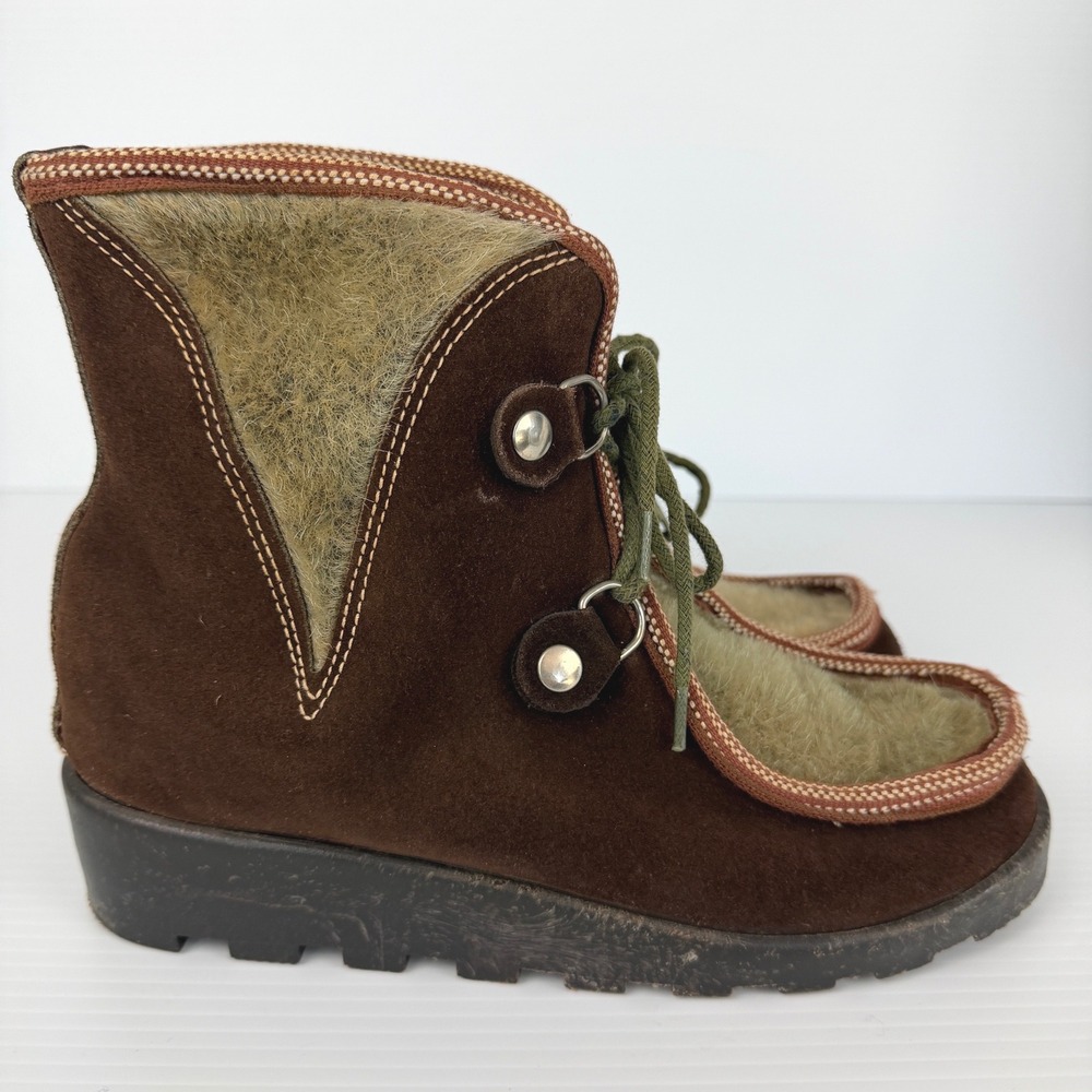 Vintage Made in Italy Brown Suede Faux Fur‎ Apres Ski Boots Womens 9 Lug Sole